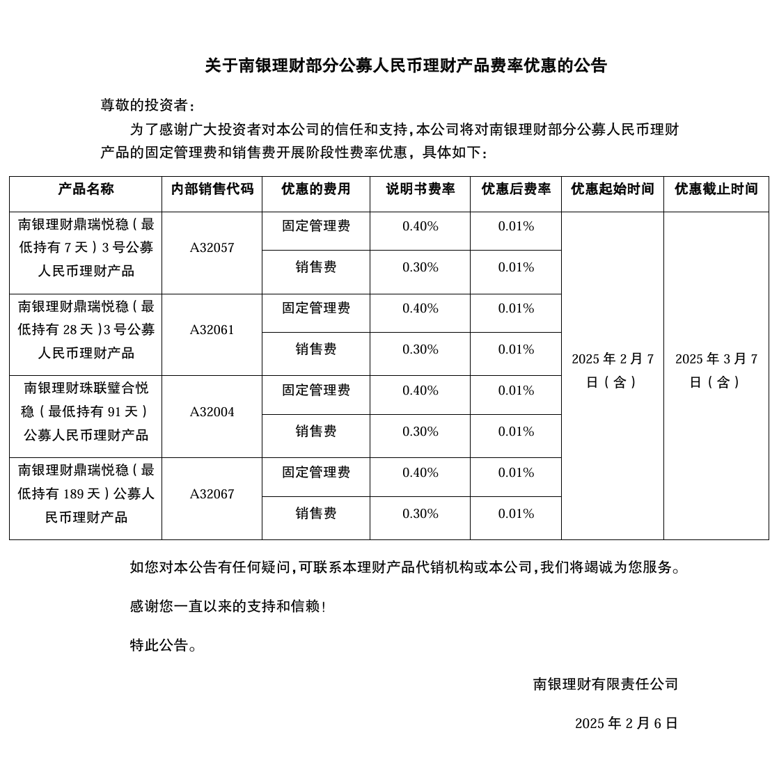 南银理财：将对部分公募人民币理财产品开展费率优惠(图1)